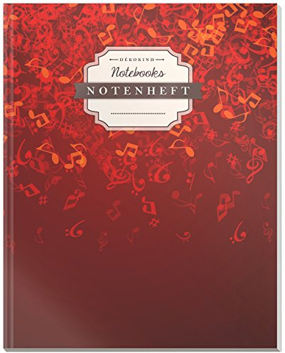 DÉKOKIND Notenheft | DIN A4, 64 Seiten, 12 Notensysteme pro Seite, Inhaltsverzeichnis, Vintage Softcover | Dickes Notenbuch | Motiv: Rote Musiknoten