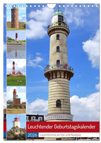 Leuchtender Geburtstagskalender - Leuchttürme an Ost-und Nordsee (Wandkalender 2026 DIN A4 hoch), CALVENDO Monatskalender