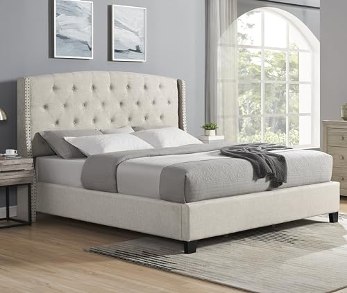 Roundhill Furniture Nantarre Fabric Tufted Wingback Upholstered Bed with Nailhead Trim, Queen, Tan
