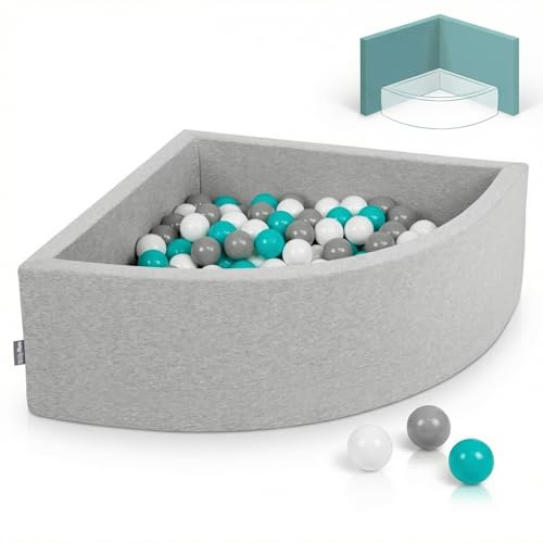 KiddyMoon Eckiges Viertel Bällebad 90x30cm mit 200 Bälle 7 cm Schaumstoff Bällepool für Baby und Kleinkinder - Hellgrau: Grau Weiß Türkis