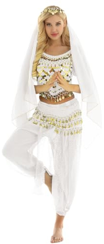Yeahdor Damen Bauchtanz Kostüm Set Pailletten Bauchtanz Oberteil mit Mützen Haremshose Hüftschal Schleier Karneval Fasching Cosplay Party Verkleidung