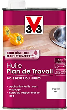 V33 Huile pour Plan de Travail Incolore Mat 0,5L | Application facile sans essuyage, Respecte l'aspect mat du bois