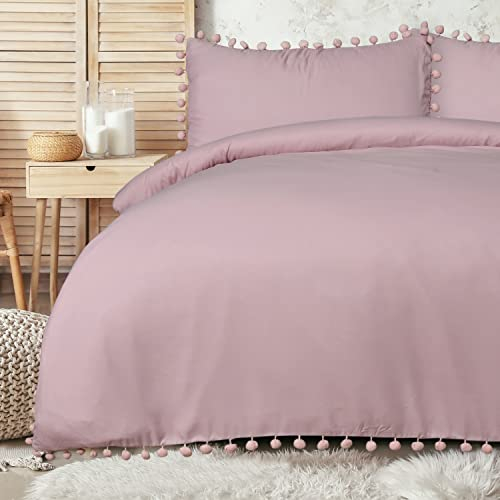Sleepdown Pom Pom Blush Pink Luxury Easy Care Plain Duvet Cover Quilt Bedding Set with Pillowcases - Double (200cm x 200cm)