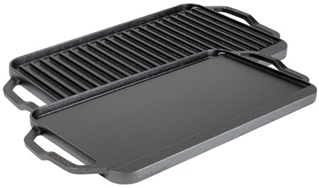 Lodge Chef Gusseisen Grillplatte, zweiseitig, glatt/geriffelt 50,8×25,4cm | bereits eingebrannt, PFAS- und PFOA-frei, für Induktion, Grill, Backofen, Lagerfeuer, robust, vielseitig, langlebig