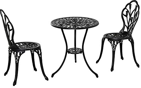Outsunny Bistro-Set 3-teilig aus Aluminium Gartenmöbel Set mit geschnitztem Design Sitzgruppe mit Gartenstühlen Bistrotisch Schirmloch Outdoor Balkonmöbel Set Balkonset Gartengarnitur Schwarz