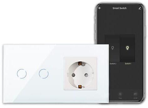 CNBINGO Smart Touchschalter mit Schuko Steckdose unterputz Schwarz | WLAN Lichtschalter Arbeit mit Alexa, Google Assistant - Wandschalter zweifach mit Glasrahmen - Neutralleiter Wird Benötigt