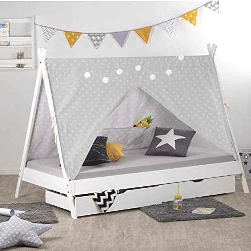 Homestyle4u 1990, Tipi Bett Kinderbett 90x200 cm Hausbett Weiß 2 Schubladen Jugendbett Zelt Sterne Holz Kiefer