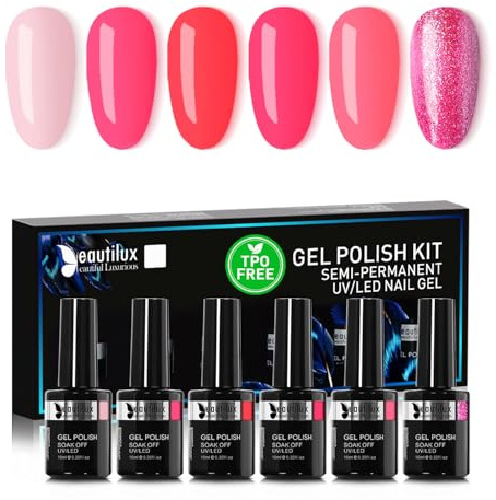 Beautilux Gel Nagellack Semipermanent Ohne-TPO Ohne-HEMA Rosa, 6 Farben 10ml Soak Off Gel Nagellack Set für Home-Maniküre Nail Art Maniküre (YT-08)