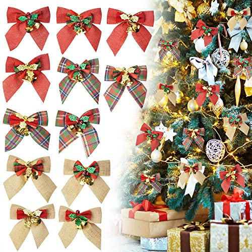 STCRERAG 12 Stück Weihnachtsschleifen Sackleinen Band Schleifen für Weihnachtsbaum, Weihnachtsschleifen mit Glöckchen für Urlaub, Geburtstag, Hochzeit, Party, Dekoration für Weihnachtsbaum