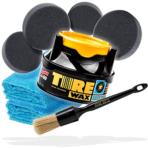 detailmate Kit d'entretien des pneus et des Plastiques Premium | Soft99 Tire Black Wax 170g + Pinceau détail Nuke Guys + 4 applicateurs + 2 Chiffons Microfibre | Cire de Pneu avec Effet de Coloration