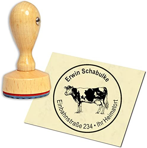 Stempel Adressstempel Holzstempel - Kuh - rund ∅ 40mm personalisiert als Firmenstempel Namensstempel Bürostempel