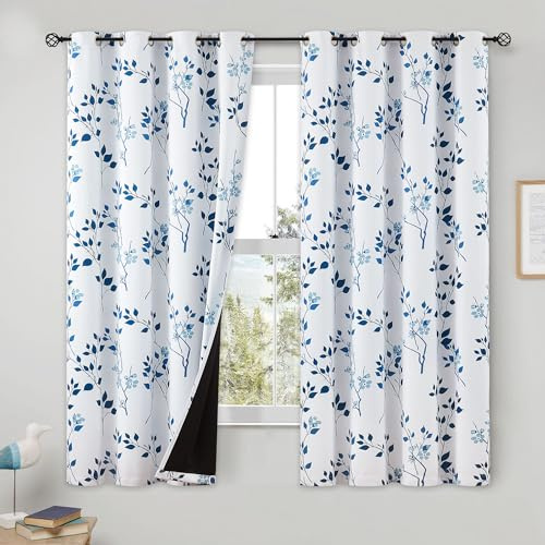 Beauoop Navy Blue Floral Blackout Curtains for Bedroom Living Room 54 Inch Drop Leaf Print White Eyelet Curtain Botanical Thermal Insulated Noise Reducing Window Curtain Drapes 2 Panels
