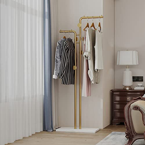 HKaikzo Doppelstangengarderobe, freistehend, moderne Metallgarderobe, Kleiderständer mit 5 Haken und natürlichem Marmorsockel, für Schlafzimmer, Büro, Flur, Eingang, Wohnzimmer, Gold