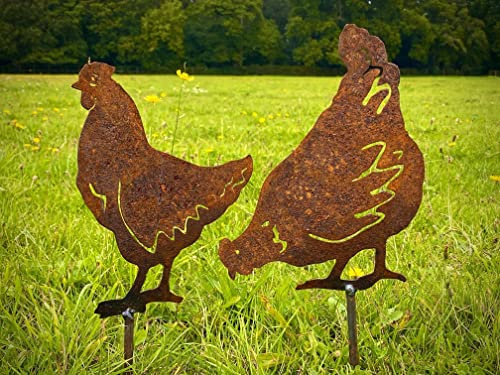 Exterior Rustic Rusty Metal Hen Head Down Chicken Pecking Farm Animal Eggs Garden Stake Yard Art Flower Bed Sculpture Gift