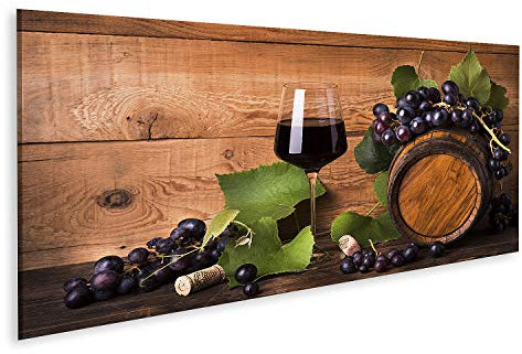 islandburner Image sur toile Composition calice vin rouge raisins feuilles vertes fûts en bois nature morte baril murale salon maison bureau chambre images GCPV-Panox