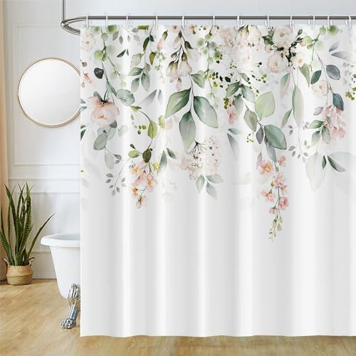 Uiiooazy Duschvorhang 200x180cm, Duschvorhang Anti Schimmel Grüne Blätter Rosa Blumen Pflanzen Duschvorhänge Stoff Waschbar Wasserdicht Polyester Blickdicht Bad Vorhang mit 12 Haken für Badezimmer
