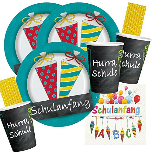 spielum 68-teiliges Party-Set Schulanfang - Teller Becher Servietten Trinkhalme für 16 Personen