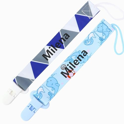 Personalisierte Schnullerclips mit Namen, 2er-Pack, Schnullerclips aus Baumwollstoff mit Namen für Jungen und Mädchen, personalisierte Babygeschenke mit Namen