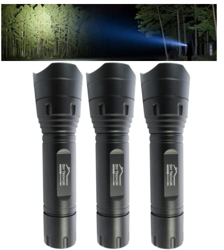 DIY TECH UK - Super Bright LED Torch - 300m Range - 3-Pack - Zoomable | Next Generation LED Technology - 5 Functions - Tough - 15cm Pocket Torch - Anti-Slip - Aerospace Grade Aluminium Body - Black