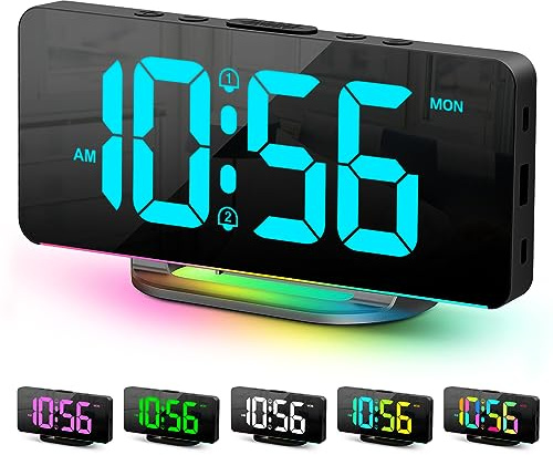 Digital Alarm Clock, Large LED Digital Clock for Bedrooms with 10 Color Changing Night Light, Adjustable Brightness, USB Charging Port, Bedside and Desk Clock for Living Room Office Decor (Black)