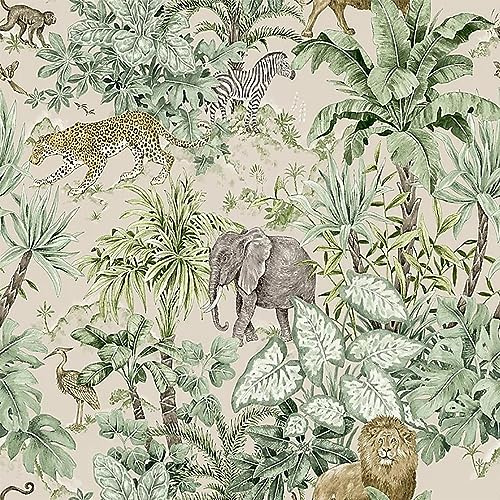 Safari Green Wallpaper - Animal Print Zebra Monkey Lion Elephant Leopard - Tropical Jungle Botanical Leaf - Feature Wall