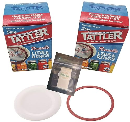 Reusable Canning Lids Bundle Includes 24 Regular Mouth Tattler Lids and Rings and 24 Dissolvable Sunivale Jar Labels For Use With Hot Water Bath, Vacuum Sealer and Pressure Canning Methods Made in USA | Includes 24 Regular Mouth Tattler Lids and Rings with 24 Dissolvable Labels for Water Bath And Pressure Canning