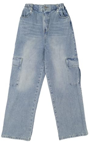 Rolanko Ragazze Jeans Baggy Pantaloni Denim Cargo a Gamba Larga con Elastico in Vita, Blu Chiaro Cargo, Taglia: 150