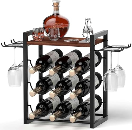TIPSYTREE Weinregal für Arbeitsplatte, Weinständer aus Holz mit Tablett, fasst 9 Weinflaschen und 4 Gläser, freistehendes Weinregal für Zuhause, Küche, Bar, Weinkeller