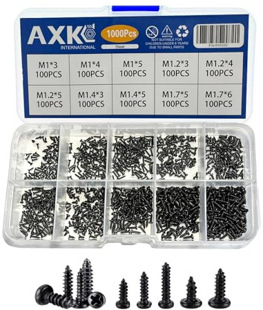 1000PCS Micro Self Tapping Screws Kit (M1/M1.2/M1.4/M1.7) - Phillips Round Head Carbon Steel Black Screws for Electronics & Woodworking