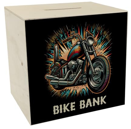 Chopper-Motorrad Spardose aus Holz mit Spruch Bike Bank Glänzender Metallglanz Chrom-Auspuff Custom-Bike Highlight Sparen im Zweirad-Stil