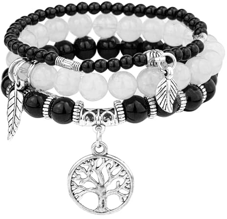 JUZICHEN 3 pcs Bracelet Pierre Naturelle Femme,Boho Bracelet Perles Femme Avec Pendentif Arbre De Vie,Bracelets De Yoga Femmes,17-24 cm Bracelets Pierre Coloré,Bijoux Cadeau Pour Femmes Fille