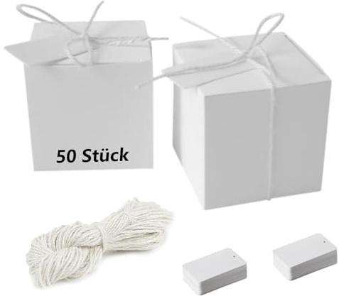 50 Geschenkboxe Kraftpapier Set, 7 x 7 x 7 cm Geschenkschachtel Klein, Karton Schachteln, Pappschachteln mit Deckel, Geschenkboxn Quadratisch für Geschenke, Party, Hochzeit, Geburtstag; Weiß