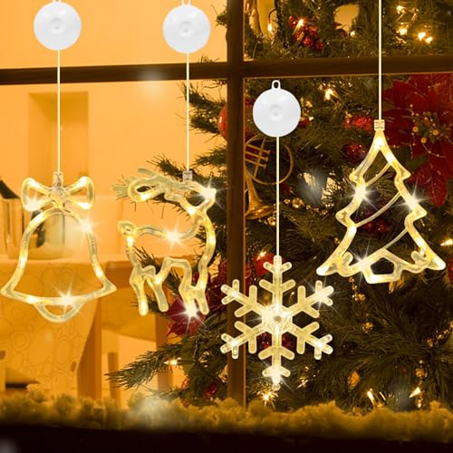Booaee LED Fensterdeko Weihnachten 4 Stück Weihnachtsbeleuchtung,Saugnapf Weihnachten Lichter Schneeflocke,Weihnachtsbaum,Elch,Glocken,Weihnachtlichen Lichterketten Warmweißes Licht Innen Außen Deko