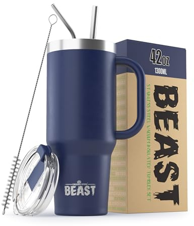 Beast Tumbler with Handle - 1300 ml (42 oz), Royal Blue | Reusable Stainless Steel, Vacuum Insulated Cup | with + 2 Straws & Cleaning Brush | Double Wall Travel Flask Perfect for Hot or Iced Coffee