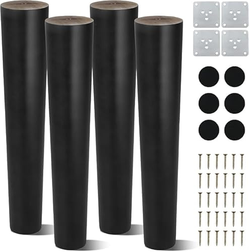 Luabue 4 Pack 10 inch Wooden Furniture Legs 25cm Chair Legs Black Sofa Legs | Solid Wood Bed Legs Cabinet Legs TV Stand Couch Black Furniture Feet with Mounting Plates & Non-Slip Felt Mats & Screws