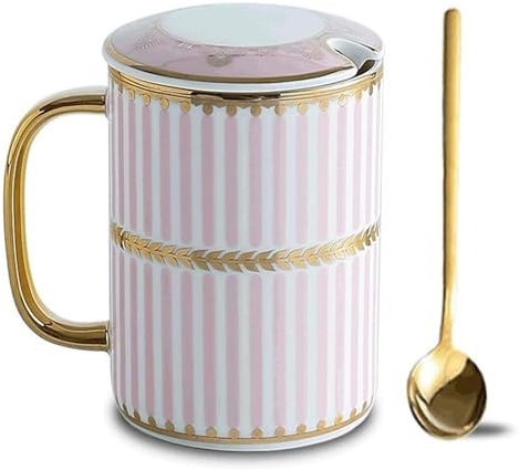 Taza Taza de Café de Cerámica de 350ML, creativa taza de café pintada en oro, taza multifuncional for café, leche, jugo de Moca Con asas(Pink)