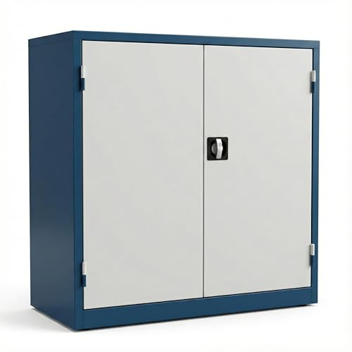 Horison Industries Lockable Metal Storage Cabinet, 2 Shelf, 1060x1000x450mm | Blue, 2 Doors 2 Shelves, Cupboard with Doors, Office Storage Cabinets with Lock for Utility Room, Heavy Duty Cupboards