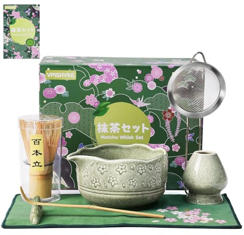 VPISHYKE Juego de té matcha premium – Juego de té matcha tradicional de 7 piezas con escoba de bambú, cuenco, colador y accesorios, perfecto para los amantes del matcha (color matcha)