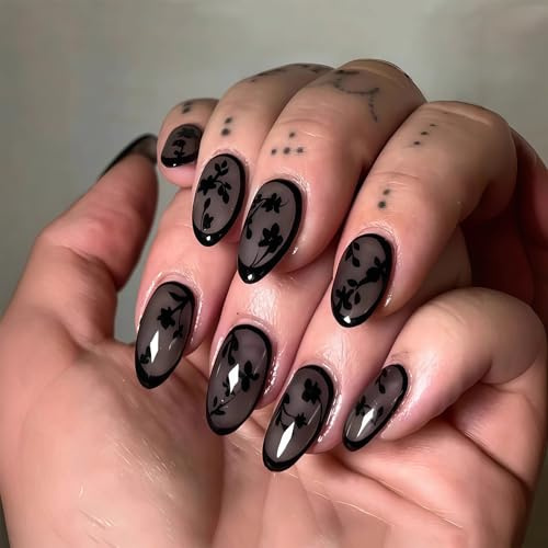 Auroriel 24 Stück Kurze Mandel Press On Nägel Schwarz Blumen Sexy Entfernbare Falsche Nägel Wiederverwendbare Gel Maniküre DIY Set