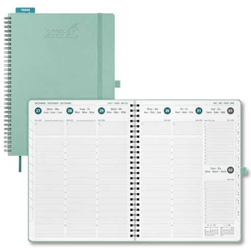 BEZEND Kalender 2026 2027 Buchkalender 1 Woche 2 Seiten A4 (28,5 x 22 cm) | 18-Monate Wochenplaner (Juli 26-Dez 27), Ringbuch mit PU-Leder Softcover, 80 GSM Papier, Mintgrün