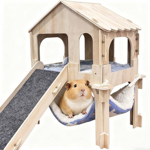 Stort trähus för marsvin med hängmatta ramp och kudde, konvertibelt gömställe med 2 våningar för marsvin, kanin, hamster, chinchilla
