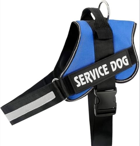 Justerbar hundsele med handtag, reflekterande, andningsbar, med Service Dog-lapp, säkerhetsspänne och utbytbart kardborreband (blå, XS 42–52 cm)