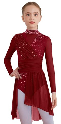 TiaoBug Abito da Ballo Bambina Lirico Contemporaneo Vestito da Pattinaggio Artistico Body Danza Classica Ballerina Costume da Ballo Latino Moderno Tango Dancewear Borgogna 11-12 Anni