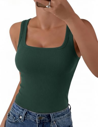 Aottori Débardeur Femme Été Col Carré Top Chic et élégant Coupe Ajustée Côtelé sans Manches Tank Top Basique Haut Vert XS