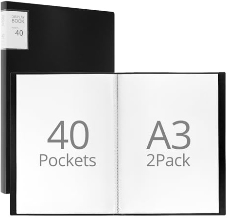 QWORK® A3 Präsentationsdisplay Buch mit 40 Klarsichthüllen, 2 Stück - Wasserdichtes und Flexibles Sichtbuch im A3 Format