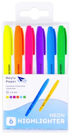 RAYLU PAPER – Neon Textmarker mit Keilspitze, Marker Set mit 6 Highlighter Pen (1–4 mm), Fluoreszierende Marker für Studium, Büro und Organisation (Neon)