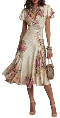 LIUYUYOUGO Vestiti Estivi Donna Abito Midi Floreale in Raso per Donna Abito Estivo Elegante con Maniche A Volant E Scollo A V Profondo Abito A Portafoglio Arricciato Color Albicocca Boho Abito A tra