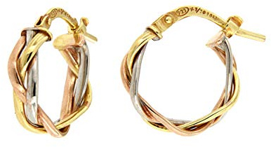 DelPia, Orecchini Tondi Modello Treccia in Oro 18kt e Argento Sterling 925 (Tre Colori, 10mm)