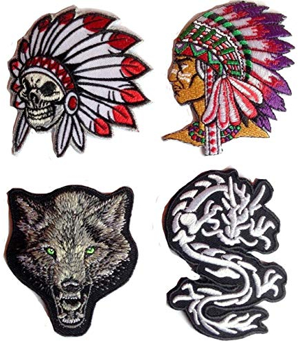 Iron on Aufnäher Patch Bügelbild Aufbügler Applikation Indianer Häuptling Wolf Drachen Set 4 teilig