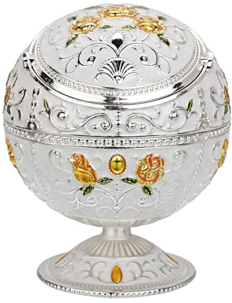 Vintage vindtätt askfat med lock för cigarett metall bärbar cigarr askfat lukteliminator för inomhus- och utomhusbruk handstämplad rosmönster fin prydnad för män kvinnor barn (silver-vit))